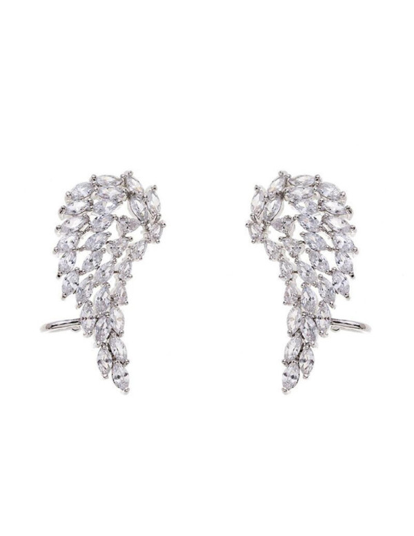 Jewels Galaxy Silver Plated American Diamond Studded Wing Shape Contemporary Drop Earrings