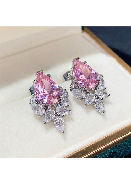 Jewels Galaxy Silver Plated American Diamond Studded Pink Crushed Ice Cut Drop Earrings