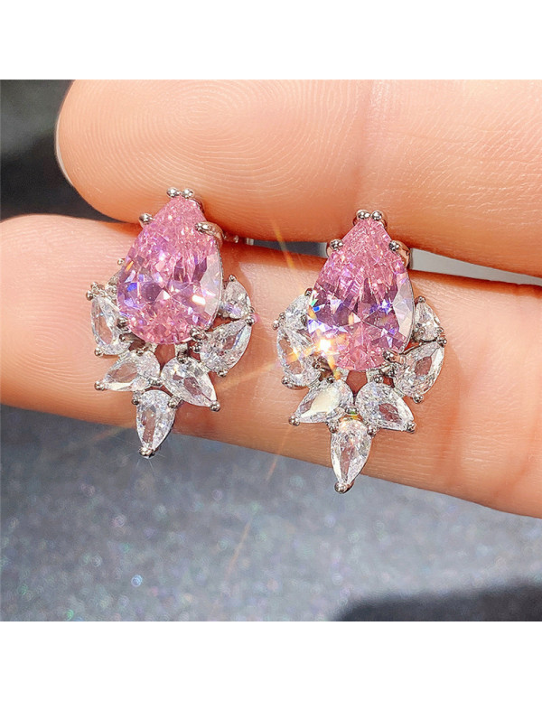 Jewels Galaxy Silver Plated American Diamond Studded Pink Crushed Ice Cut Drop Earrings