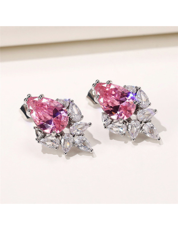 Jewels Galaxy Silver Plated American Diamond Studded Pink Crushed Ice Cut Drop Earrings