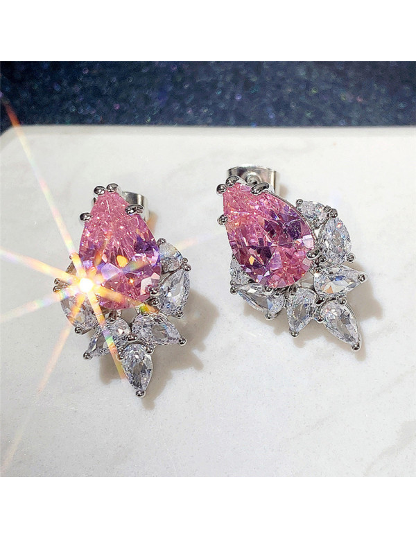 Jewels Galaxy Silver Plated American Diamond Studded Pink Crushed Ice Cut Drop Earrings