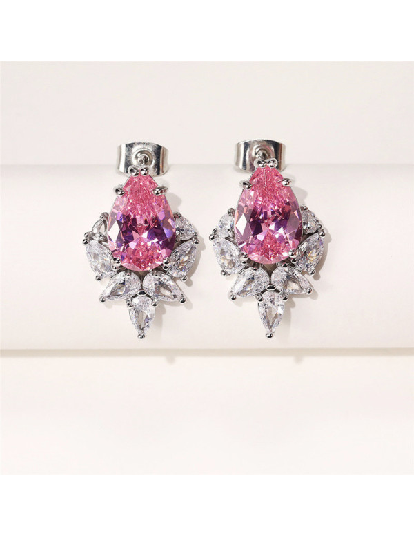 Jewels Galaxy Silver Plated American Diamond Studded Pink Crushed Ice Cut Drop Earrings