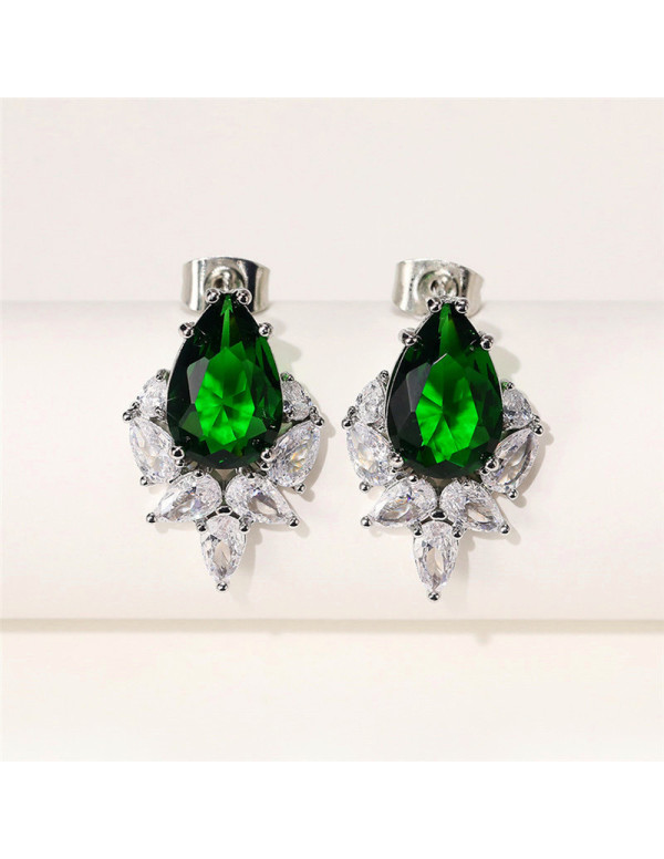 Jewels Galaxy Silver Plated American Diamond Studded Green Crushed Ice Cut Drop Earrings