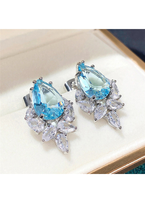 Jewels Galaxy Silver Plated American Diamond Studded Blue Crushed Ice Cut Drop Earrings