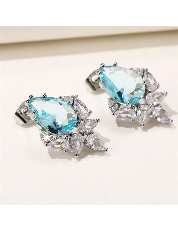 Jewels Galaxy Silver Plated American Diamond Studded Blue Crushed Ice Cut Drop Earrings