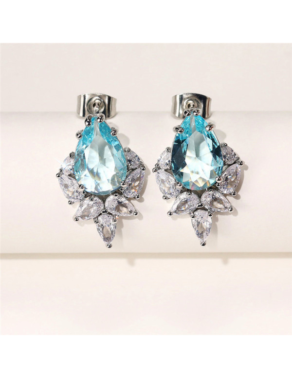 Jewels Galaxy Silver Plated American Diamond Studded Blue Crushed Ice Cut Drop Earrings