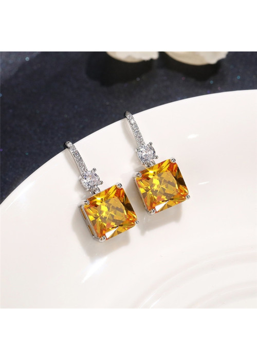 Jewels Galaxy Silver Plated AD Studded Yellow Square Shape Crushed Ice Cut Hanging Earrings