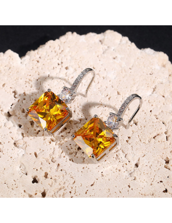 Jewels Galaxy Silver Plated AD Studded Yellow Square Shape Crushed Ice Cut Hanging Earrings