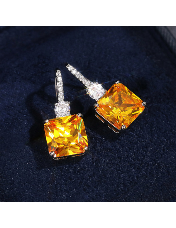 Jewels Galaxy Silver Plated AD Studded Yellow Square Shape Crushed Ice Cut Hanging Earrings