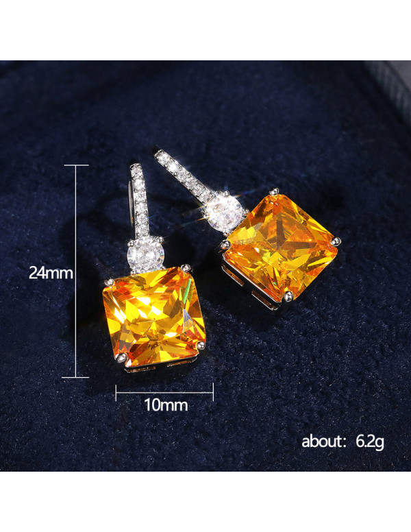 Jewels Galaxy Silver Plated AD Studded Yellow Square Shape Crushed Ice Cut Hanging Earrings