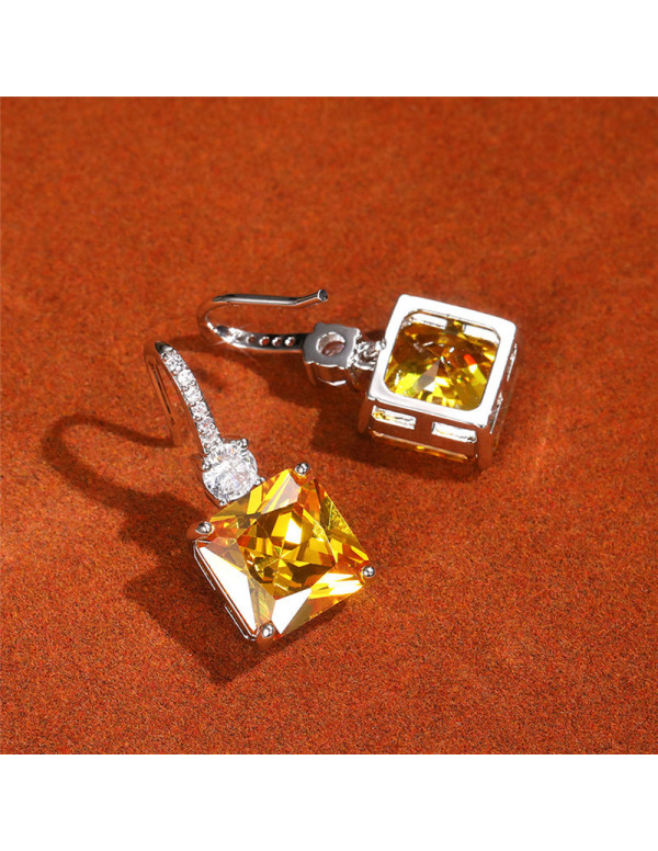 Jewels Galaxy Silver Plated AD Studded Yellow Square Shape Crushed Ice Cut Hanging Earrings