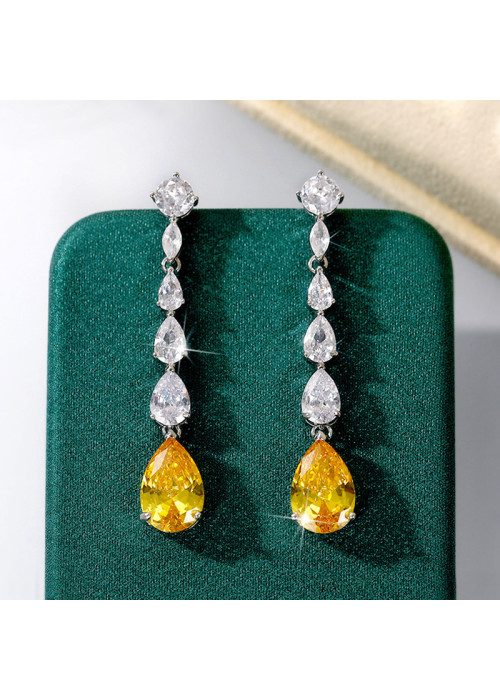 Jewels Galaxy Silver Plated AD Studded Yellow Teardrop Shape Crushed Ice Cut Drop Earrings