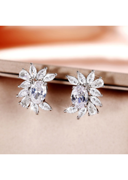 Jewels Galaxy Silver Plated American Diamond Studded Crushed Ice Cut Stud Earrings