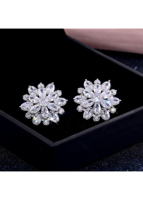 Jewels Galaxy Silver Plated American Diamond Studded Floral Silver Stud Earrings