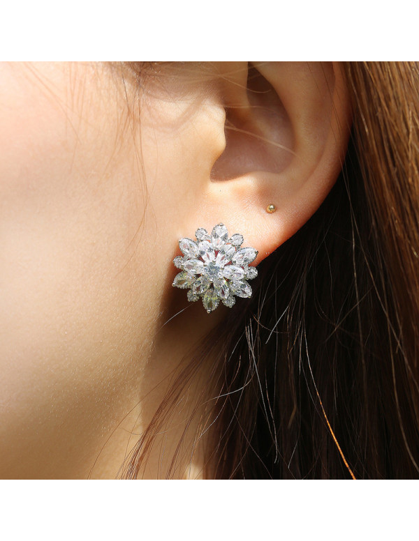 Jewels Galaxy Silver Plated American Diamond Studded Floral Silver Stud Earrings