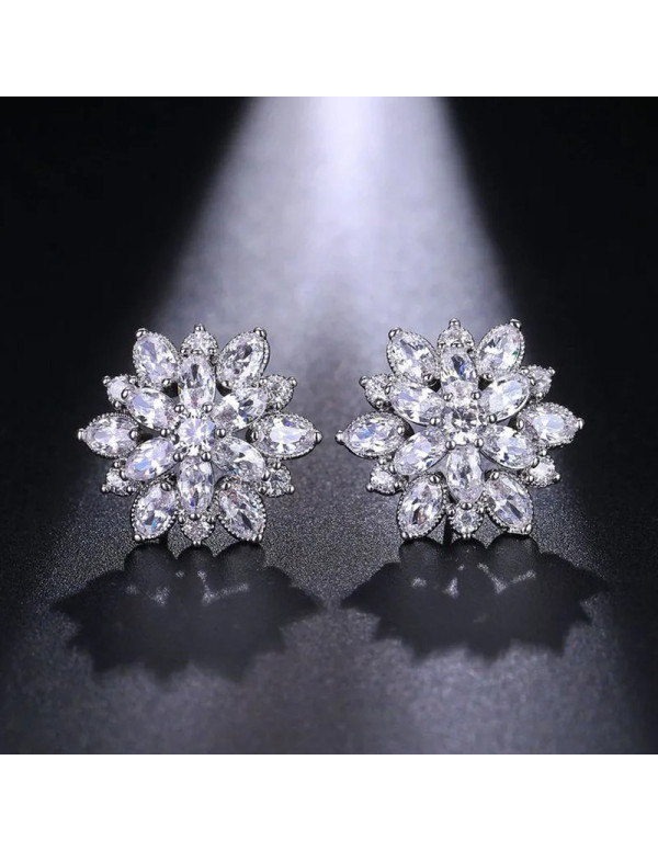 Jewels Galaxy Silver Plated American Diamond Studded Floral Silver Stud Earrings