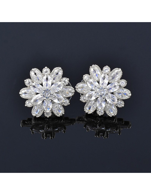 Jewels Galaxy Silver Plated American Diamond Studded Floral Silver Stud Earrings