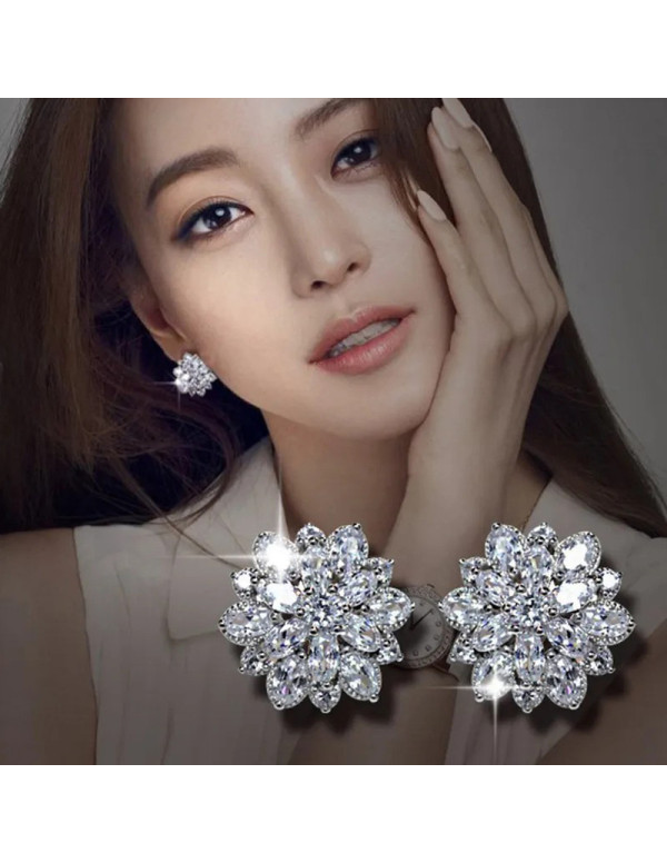 Jewels Galaxy Silver Plated American Diamond Studded Floral Silver Stud Earrings