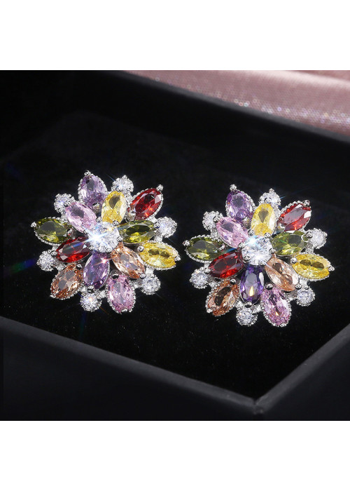 Jewels Galaxy Silver Plated American Diamond Studded Floral Multicolor Stud Earrings