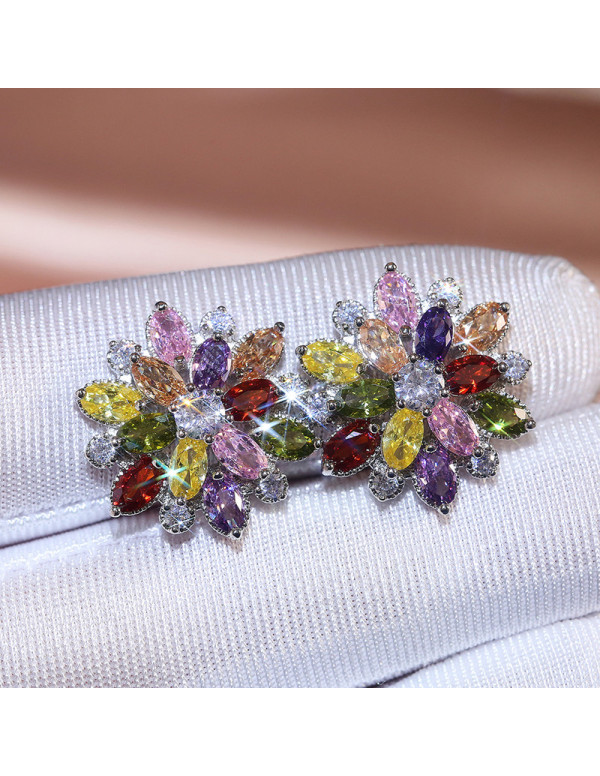 Jewels Galaxy Silver Plated American Diamond Studded Floral Multicolor Stud Earrings