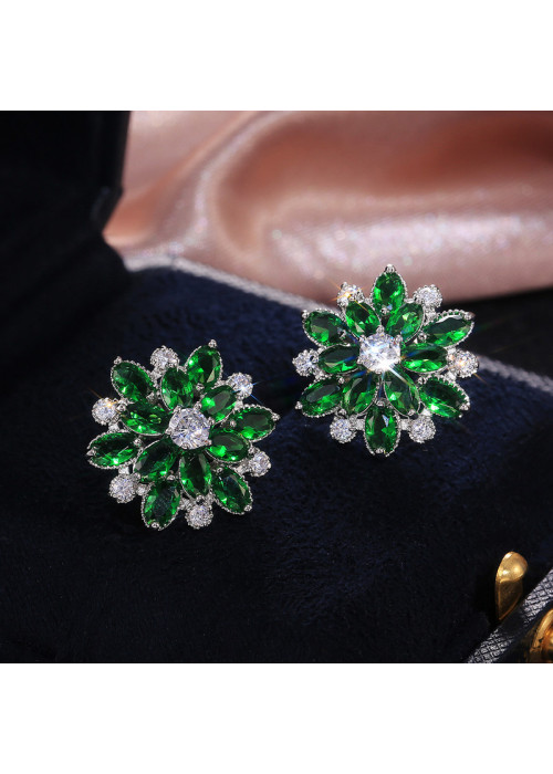 Jewels Galaxy Silver Plated American Diamond Studded Floral Green Stud Earrings