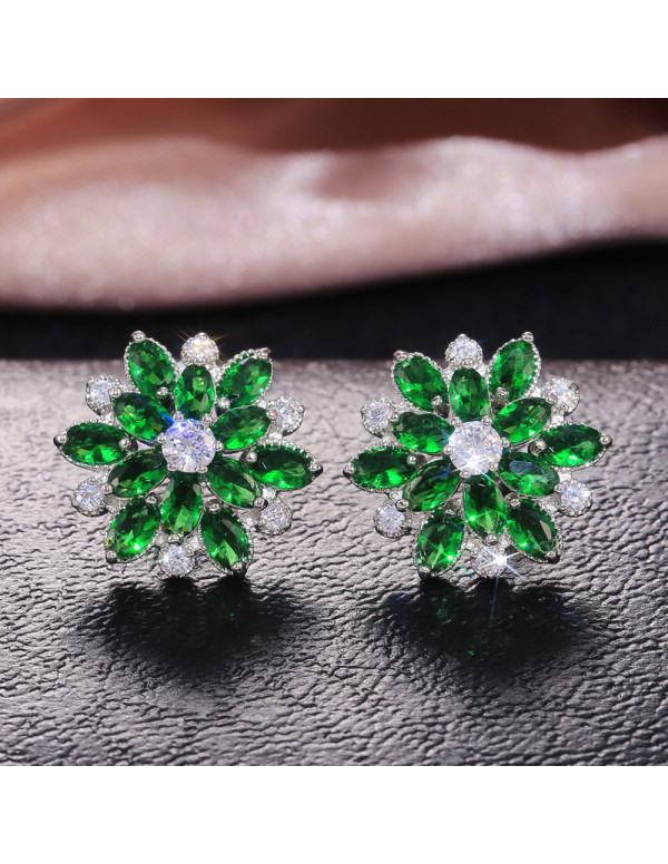 Jewels Galaxy Silver Plated American Diamond Studded Floral Green Stud Earrings