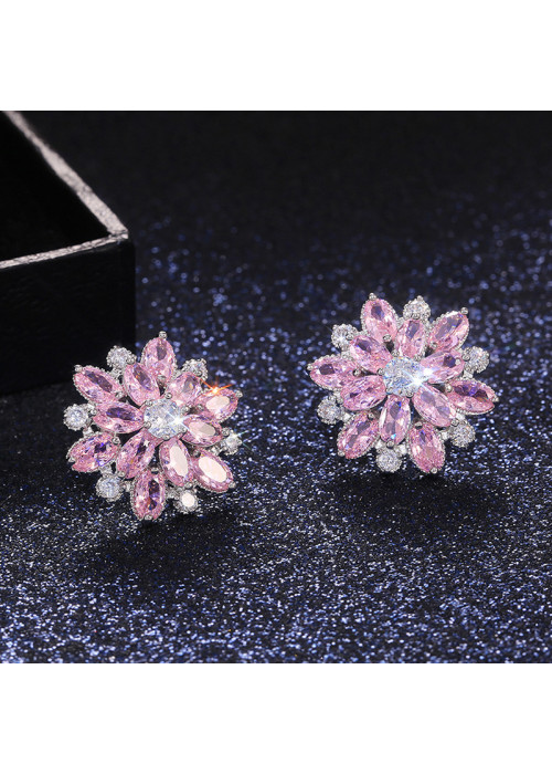 Jewels Galaxy Silver Plated American Diamond Studded Floral Pink Stud Earrings