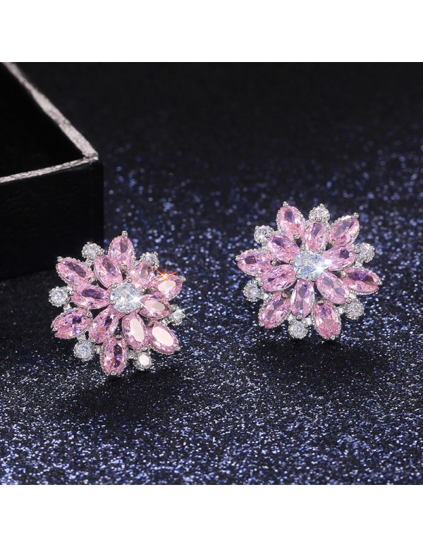 Jewels Galaxy Silver Plated American Diamond Studded Floral Pink Stud Earrings