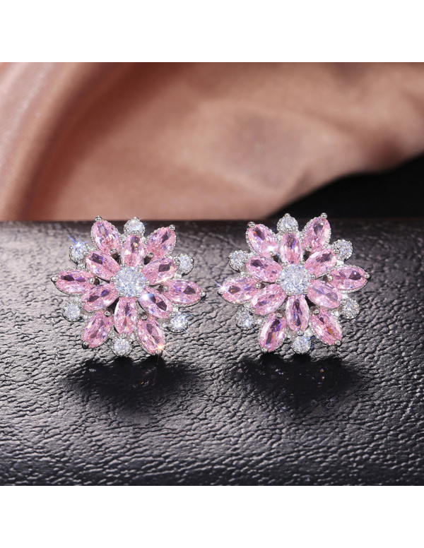 Jewels Galaxy Silver Plated American Diamond Studded Floral Pink Stud Earrings