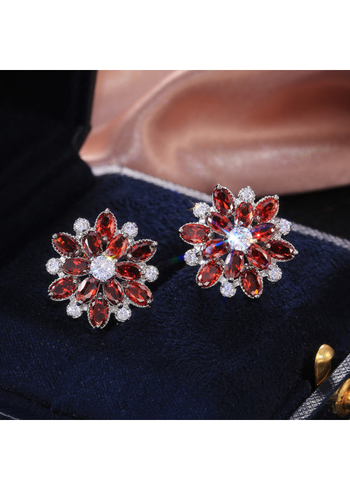 Jewels Galaxy Silver Plated American Diamond Studded Floral Red Stud Earrings