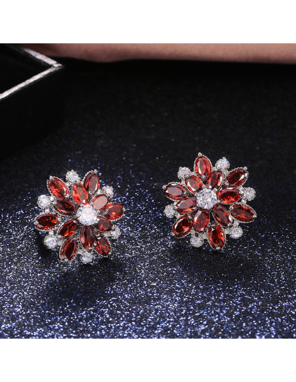 Jewels Galaxy Silver Plated American Diamond Studded Floral Red Stud Earrings