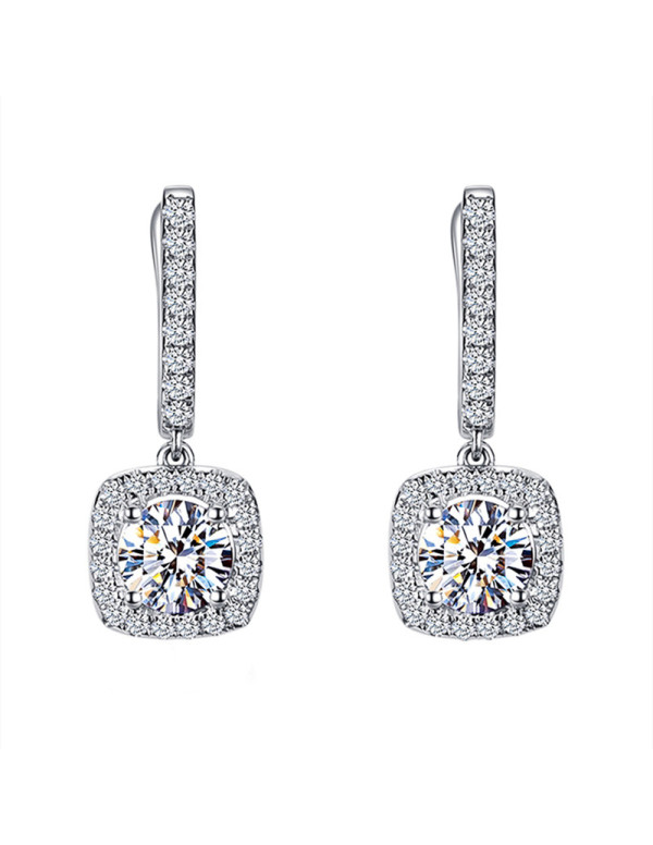 Jewels Galaxy Silver Plated American Diamond Studded Rectangular Crushed Ice Cut Drop Earrings