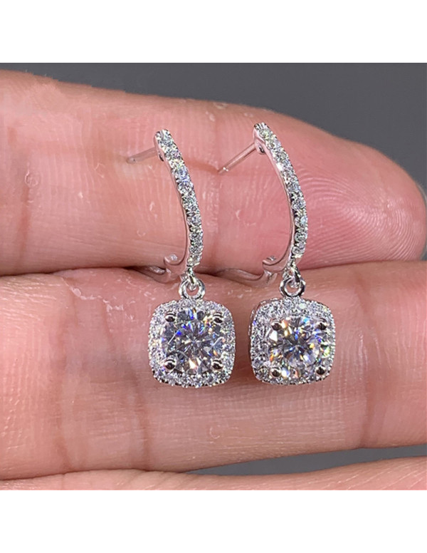 Jewels Galaxy Silver Plated American Diamond Studded Rectangular Crushed Ice Cut Drop Earrings