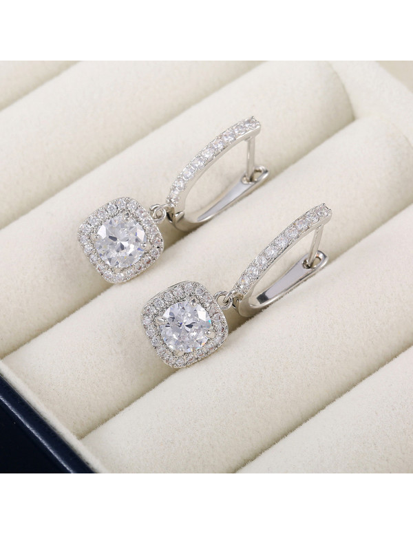 Jewels Galaxy Silver Plated American Diamond Studded Rectangular Crushed Ice Cut Drop Earrings