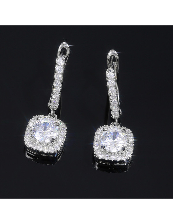 Jewels Galaxy Silver Plated American Diamond Studded Rectangular Crushed Ice Cut Drop Earrings