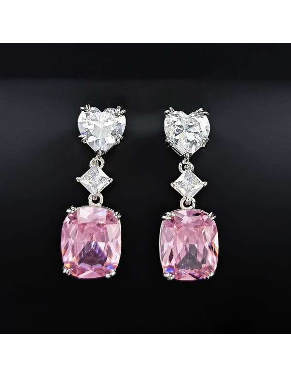 Jewels Galaxy Silver Plated AD Studded Silver Heart inspired Pink Crushed Ice Cut Drop Earrings