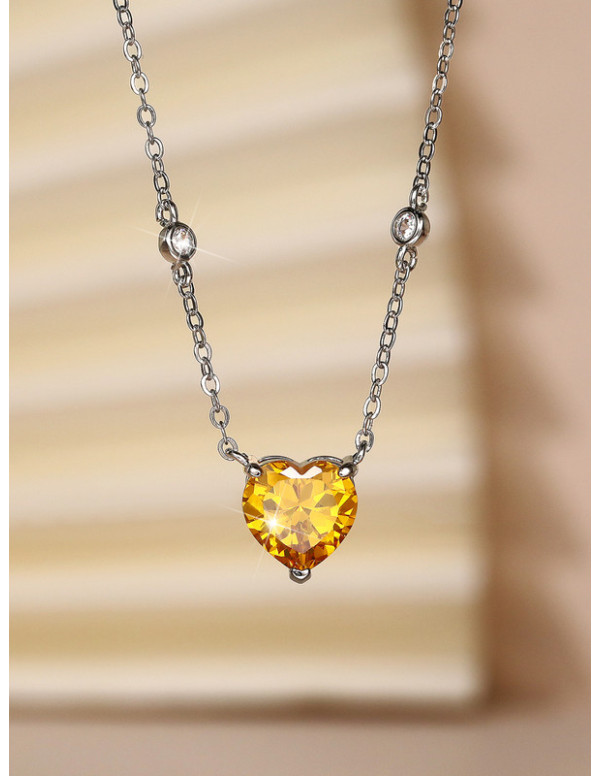 Jewels Galaxy Silver Plated American Diamond Studded Yellow Heart Shape Pendant