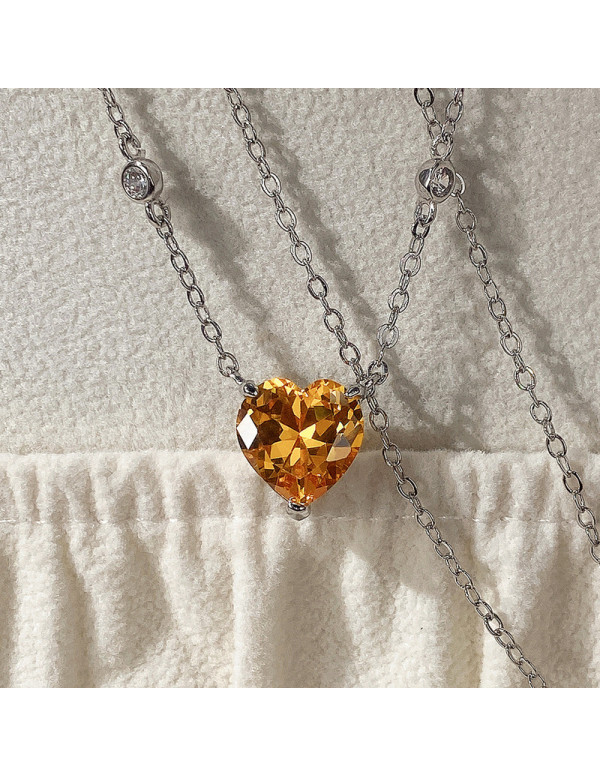 Jewels Galaxy Silver Plated American Diamond Studded Yellow Heart Shape Pendant