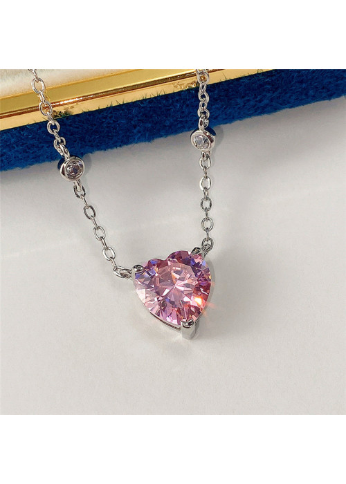 Jewels Galaxy Silver Plated American Diamond Studded Pink Heart Shape Pendant