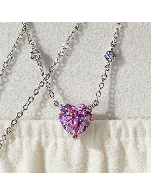 Jewels Galaxy Silver Plated American Diamond Studded Pink Heart Shape Pendant