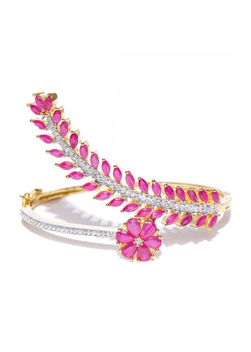 Daily Wear Sterling Silver Bangle with Oval Pink Stones - Desically Ethnic