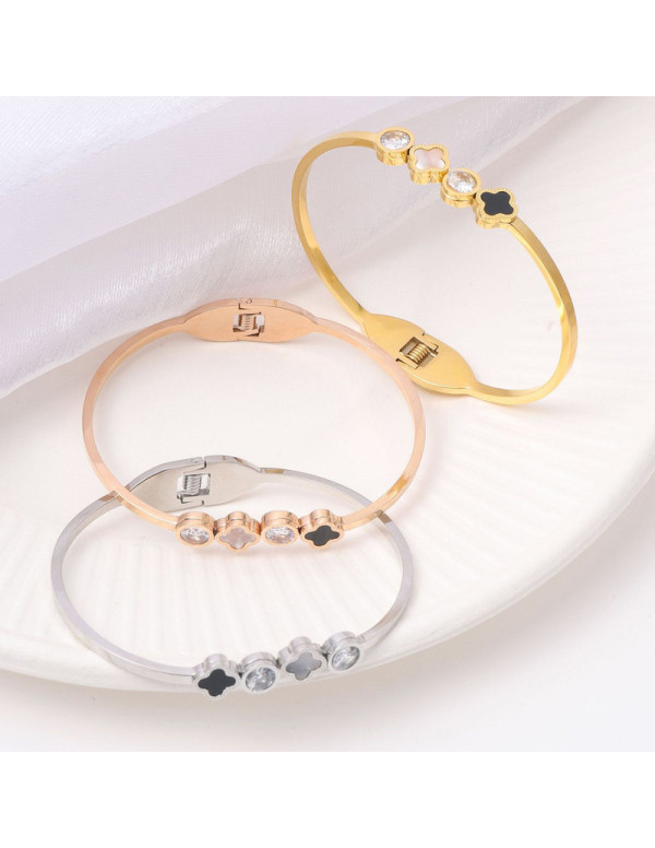 Jewels Galaxy Stainless Steel Gold, Rose Gold and Silver Mother Of Pearls Leaf Clover Bracelet