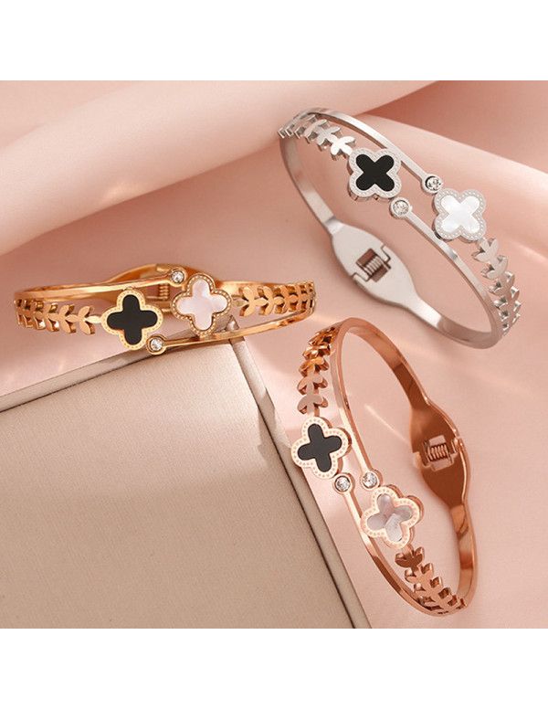 Jewels Galaxy Stainless Steel Gold, Rose Gold and Silver Mother Of Pearls Two Clover Leaf Irish Design Bracelet