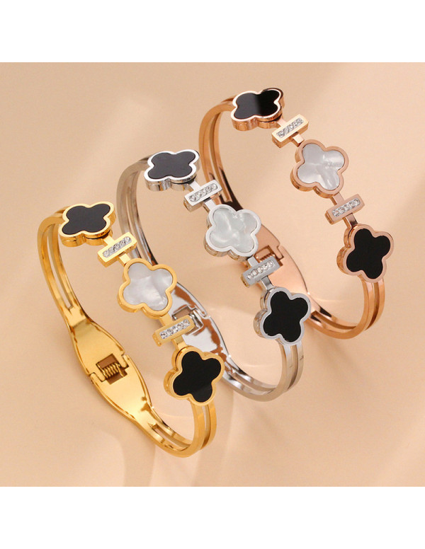 Jewels Galaxy Stainless Steel Gold, Rose Gold and Silver Mother Of Pearls Three Clover Leaf Irish Design Bracelet