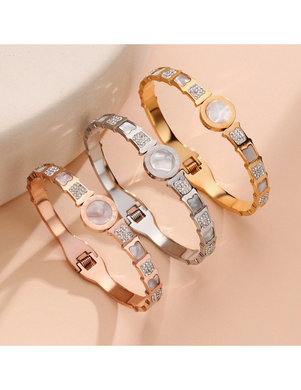 Jewels Galaxy Stainless Steel Gold, Rose Gold and Silver Mother Of Pearl Roman Numerals AD Studded Bracelet