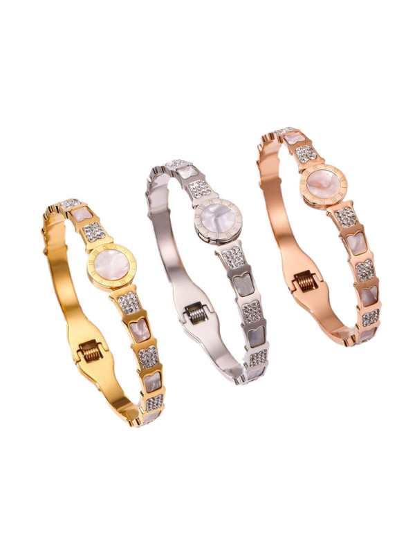 Jewels Galaxy Stainless Steel Gold, Rose Gold and Silver Mother Of Pearl Roman Numerals AD Studded Bracelet