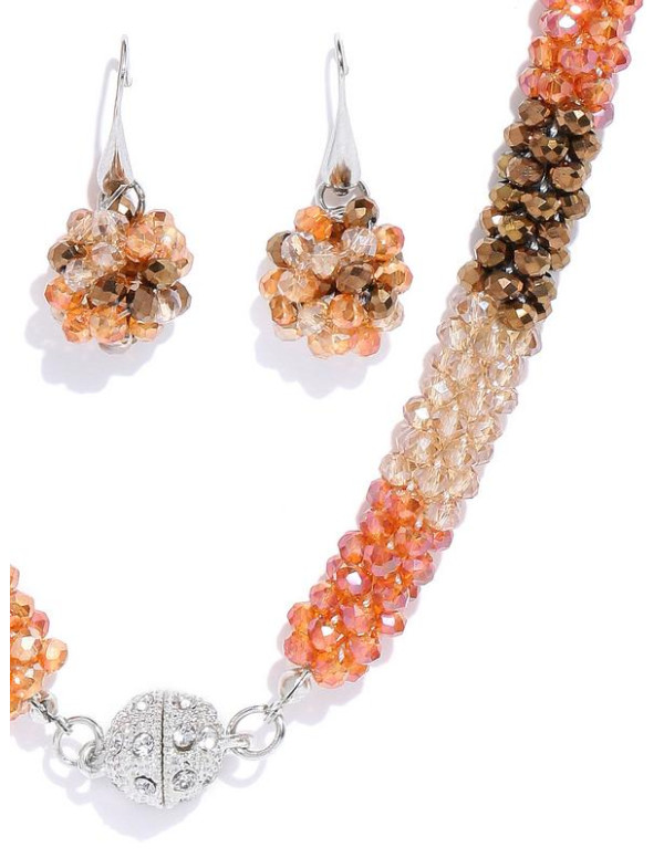 Jewels Galaxy Peach-Coloured & Beige Copper-Plated Beaded Jewellery Set 4135