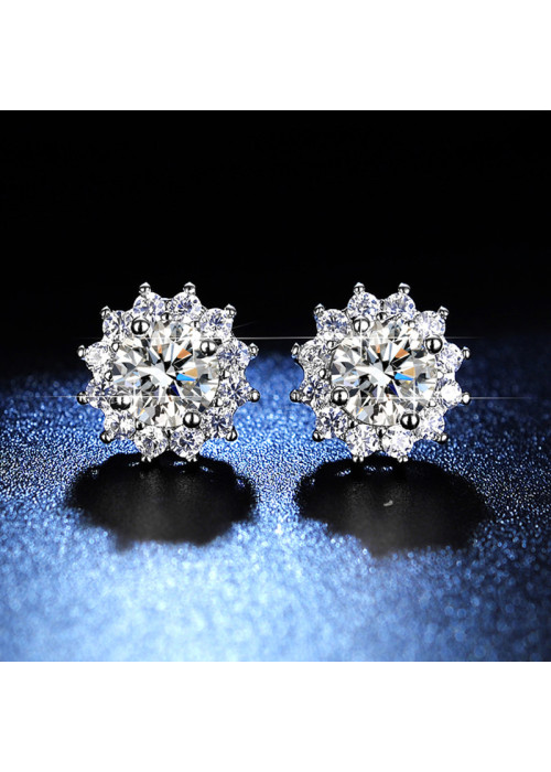 Jewels Galaxy Silver Plated American Diamond Studded Floral Solitaire Stud Earrings