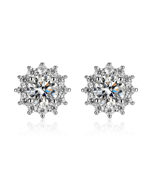 Jewels Galaxy Silver Plated American Diamond Studded Floral Solitaire Stud Earrings