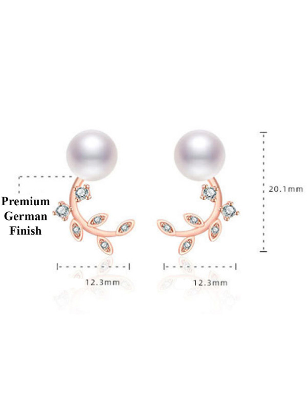 Jewels Galaxy Rose Gold Plated American Diamond Studded Pearl Leaf Korean Stud Earrings